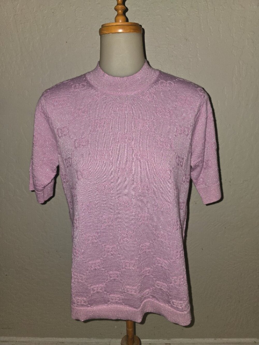 Gucci Pink GG Wool Lame Knit Short Sleeve Sweater Women's Size Medium FLAWLESS!